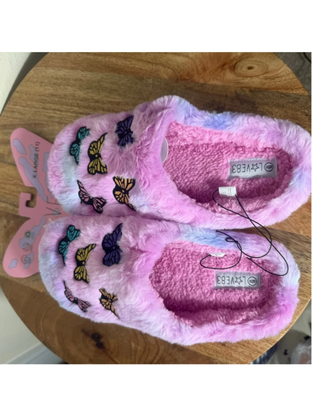 Women's LOVE83 Pink Blue Butterfly Fuzzy Slippers Size 11 - Picture 5 of 6